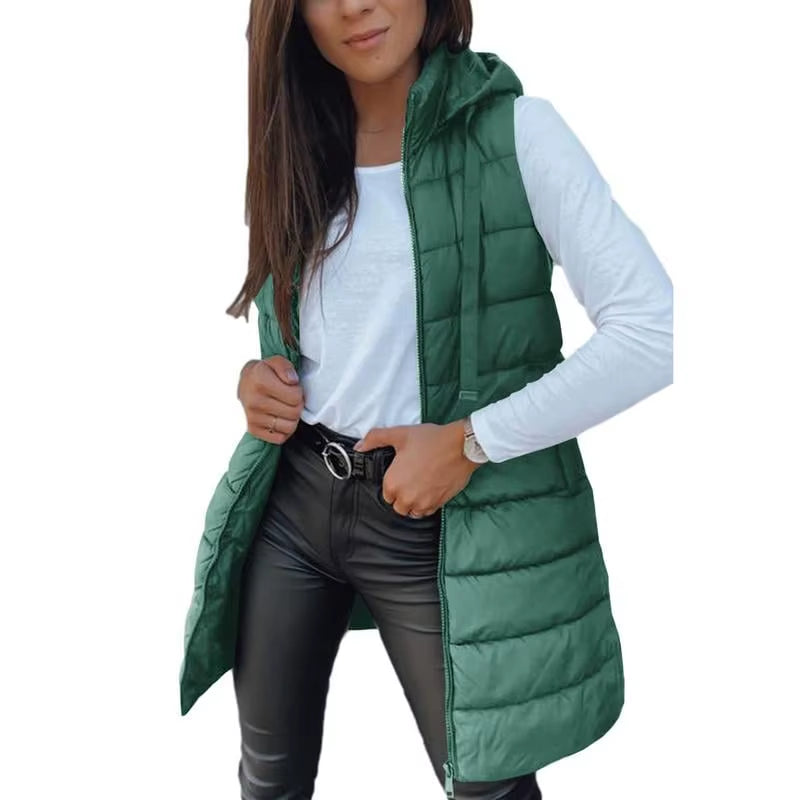 Women Long Puffer Vest Ployester Fabric Zip up Quilted Padded Vest Hooded Mid-Length Cotton Coat Vest Winter Warm Outerwear Coat