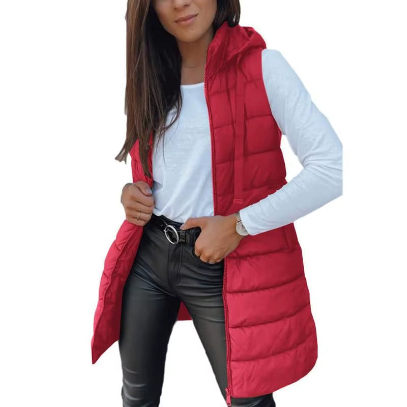 Women Long Puffer Vest Ployester Fabric Zip up Quilted Padded Vest Hooded Mid-Length Cotton Coat Vest Winter Warm Outerwear Coat