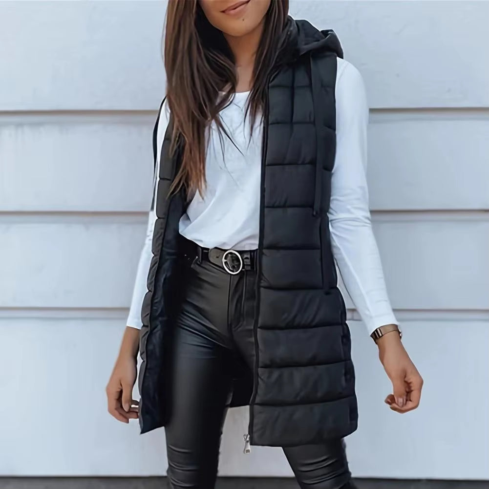 Women Long Puffer Vest Ployester Fabric Zip up Quilted Padded Vest Hooded Mid-Length Cotton Coat Vest Winter Warm Outerwear Coat