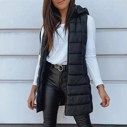 Women Long Puffer Vest Ployester Fabric Zip up Quilted Padded Vest Hooded Mid-Length Cotton Coat Vest Winter Warm Outerwear Coat