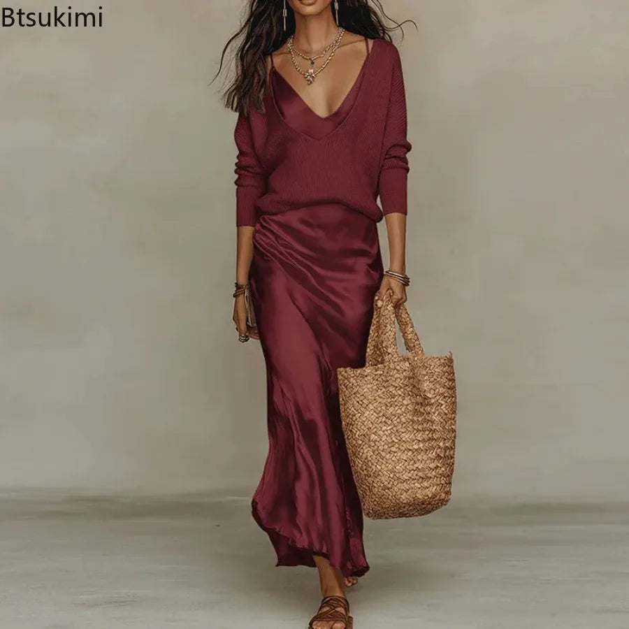 New Elegant V Neck Slim Office 2-Piece Sets Spring Summer Fashion Long Sleeve Knitted Tops Sleeveless Satin Long Dresses Outfits