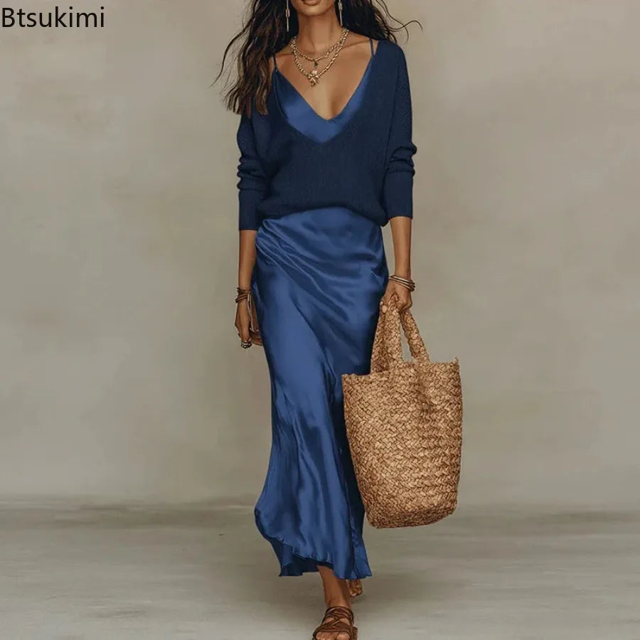 New Elegant V Neck Slim Office 2-Piece Sets Spring Summer Fashion Long Sleeve Knitted Tops Sleeveless Satin Long Dresses Outfits