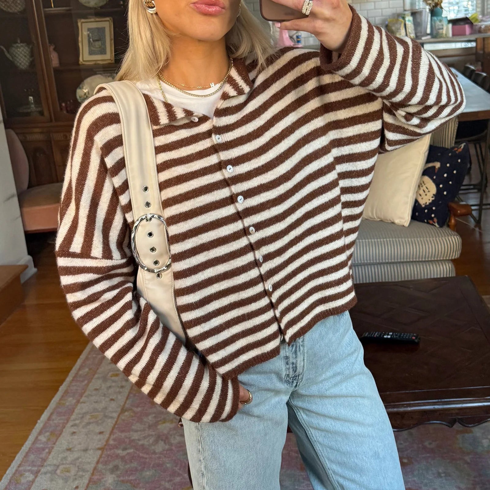 Casual Loose Cardigan for Women Autumn Long Sleeve Knitwear Y2K Outerwears Women'S Fashion Stripes Sweater Female Top