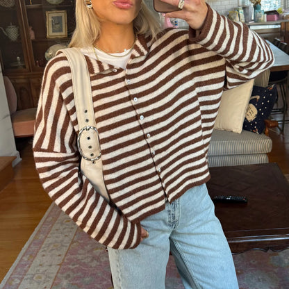 Casual Loose Cardigan for Women Autumn Long Sleeve Knitwear Y2K Outerwears Women'S Fashion Stripes Sweater Female Top