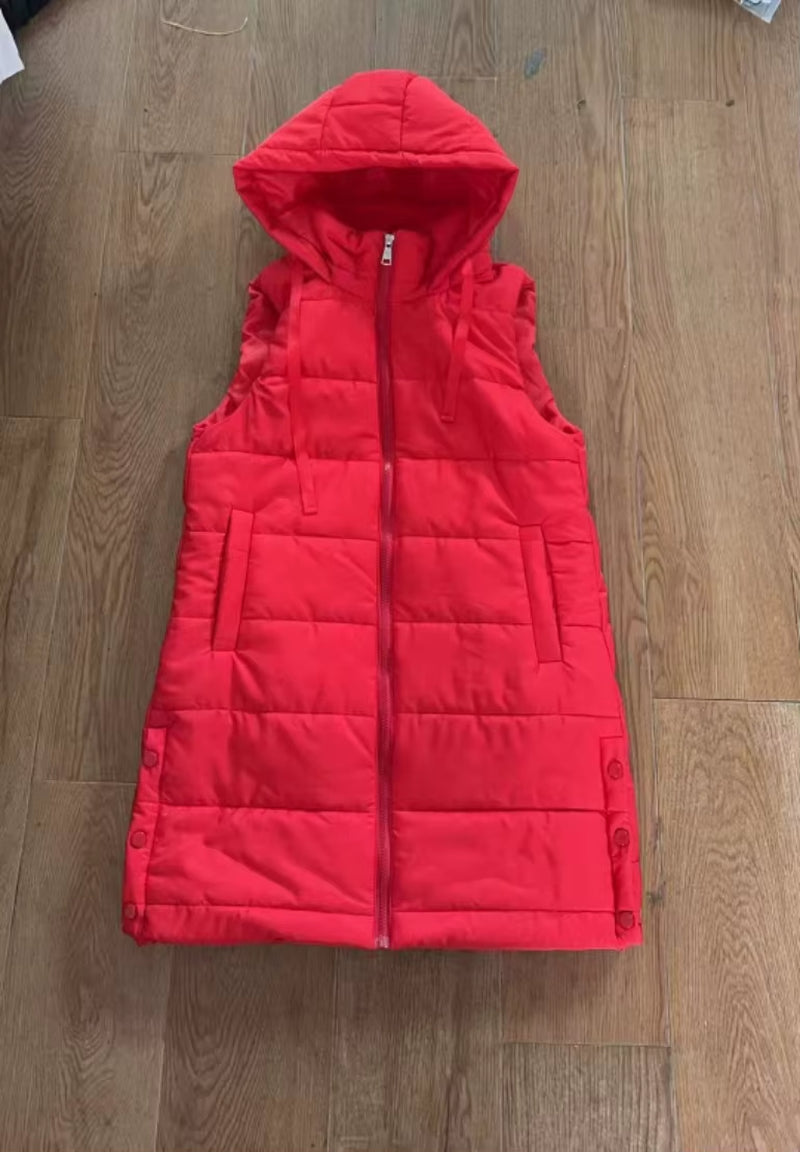 Women Long Puffer Vest Ployester Fabric Zip up Quilted Padded Vest Hooded Mid-Length Cotton Coat Vest Winter Warm Outerwear Coat