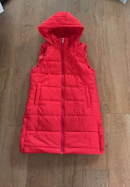 Women Long Puffer Vest Ployester Fabric Zip up Quilted Padded Vest Hooded Mid-Length Cotton Coat Vest Winter Warm Outerwear Coat