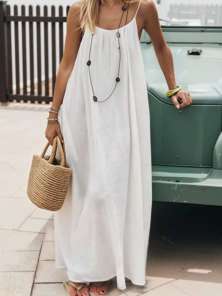 2026 New European & American Cross‑Border Women’S Wear, Solid Color Loose Casual Versatile Slip Backless Maxi Dress