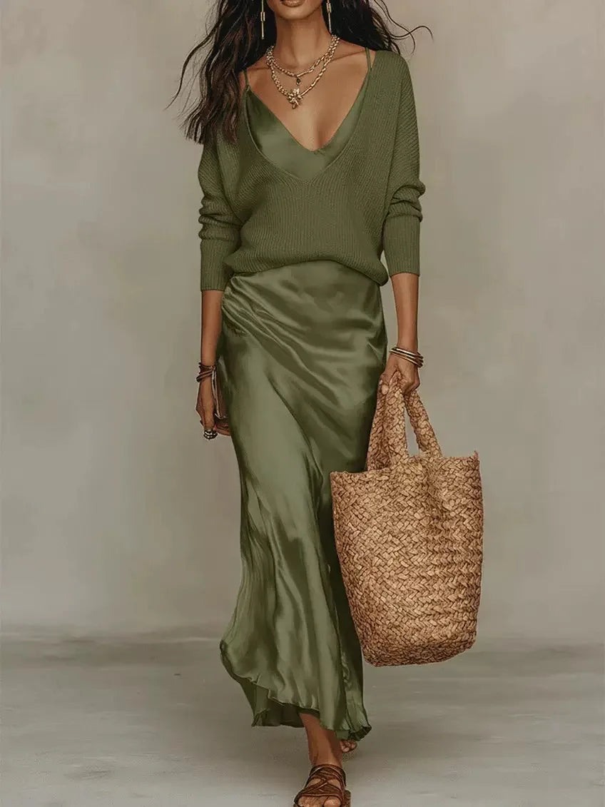 New Elegant V Neck Slim Office 2-Piece Sets Spring Summer Fashion Long Sleeve Knitted Tops Sleeveless Satin Long Dresses Outfits