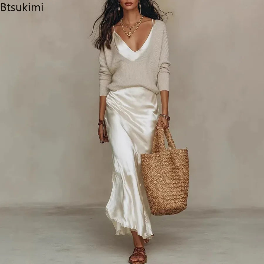 New Elegant V Neck Slim Office 2-Piece Sets Spring Summer Fashion Long Sleeve Knitted Tops Sleeveless Satin Long Dresses Outfits