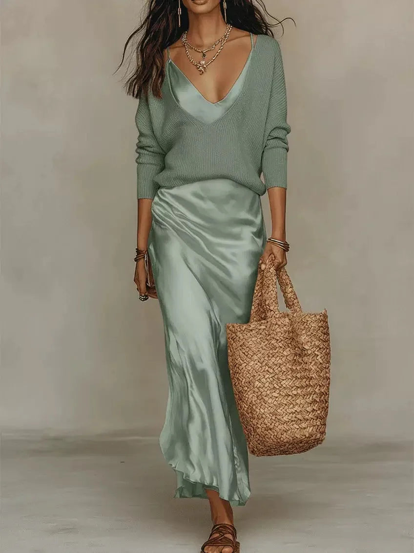 New Elegant V Neck Slim Office 2-Piece Sets Spring Summer Fashion Long Sleeve Knitted Tops Sleeveless Satin Long Dresses Outfits
