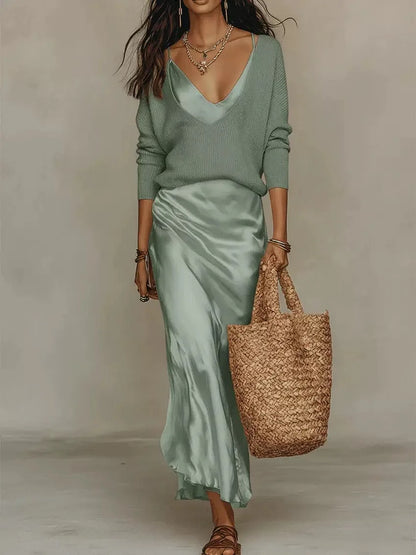 New Elegant V Neck Slim Office 2-Piece Sets Spring Summer Fashion Long Sleeve Knitted Tops Sleeveless Satin Long Dresses Outfits