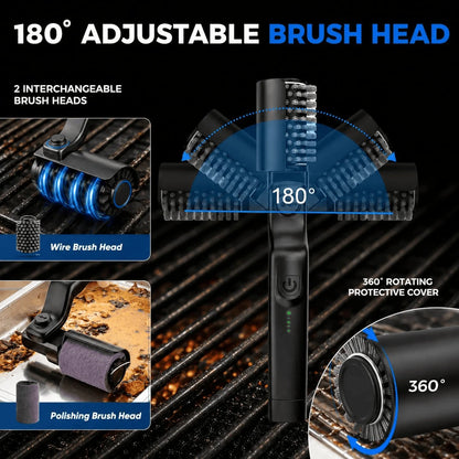 Electric Grill Brush 2 in 1 Cordless Rechargeable Grill Cleaning Brush Stainless Steel Brush Head 3-Speed Power for BBQ Grates