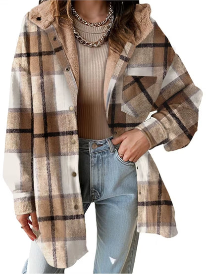 New Checkered Pocket Button Women'S Jacket Coats Autumn Winter Casual Long Sleeved Lapel Comfortable Warm Thicken Coat Woman