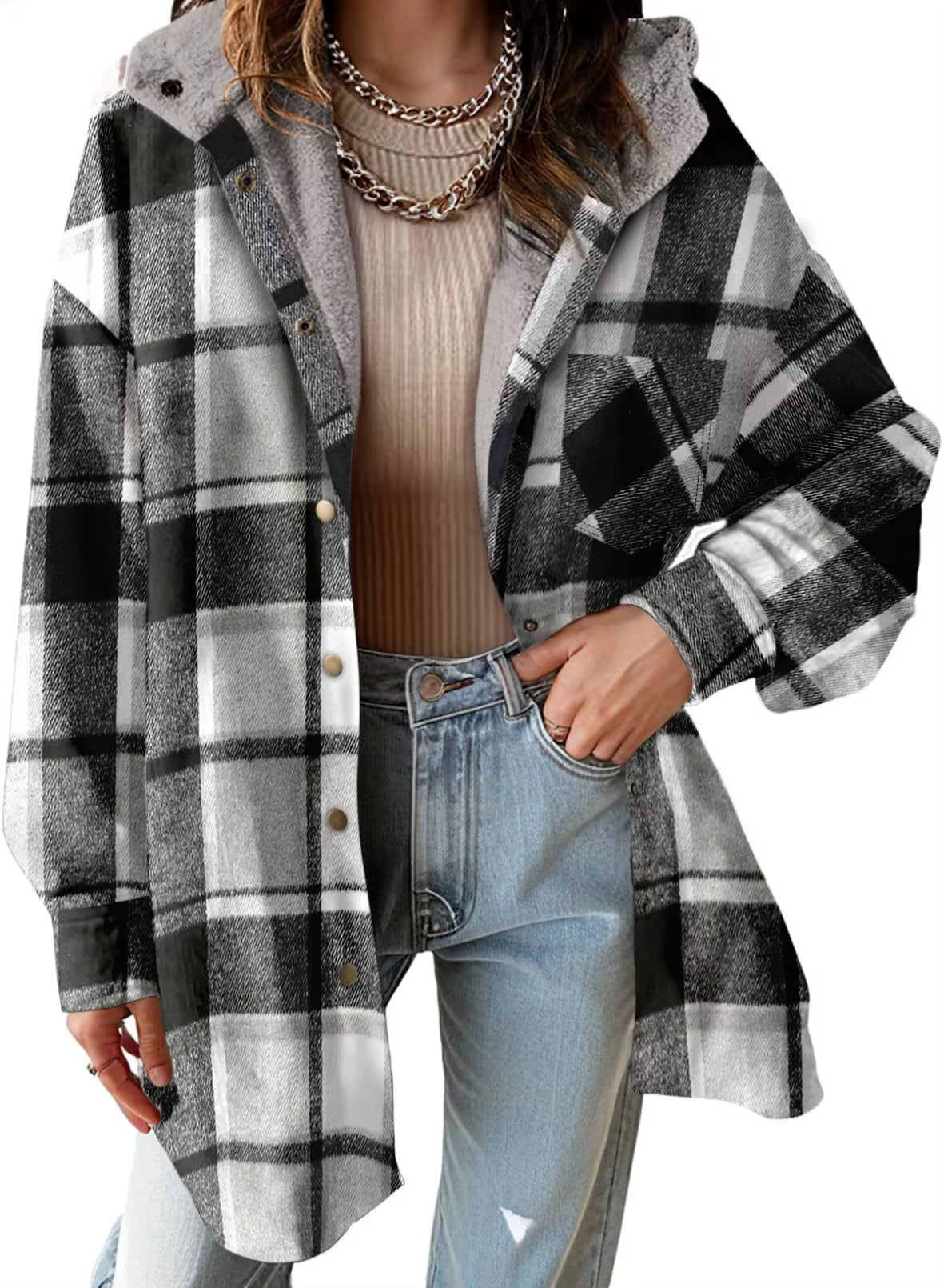 New Checkered Pocket Button Women'S Jacket Coats Autumn Winter Casual Long Sleeved Lapel Comfortable Warm Thicken Coat Woman