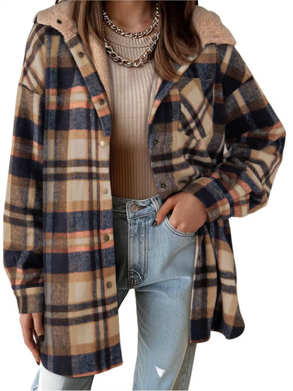 New Checkered Pocket Button Women'S Jacket Coats Autumn Winter Casual Long Sleeved Lapel Comfortable Warm Thicken Coat Woman