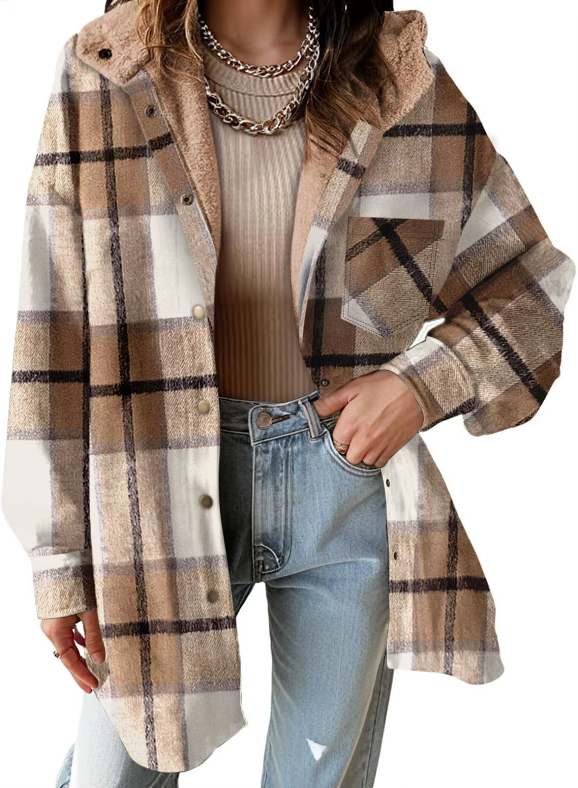 New Checkered Pocket Button Women'S Jacket Coats Autumn Winter Casual Long Sleeved Lapel Comfortable Warm Thicken Coat Woman
