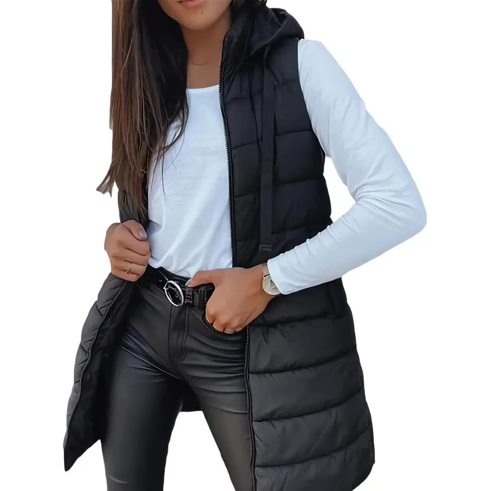 Women Long Puffer Vest Ployester Fabric Zip up Quilted Padded Vest Hooded Mid-Length Cotton Coat Vest Winter Warm Outerwear Coat