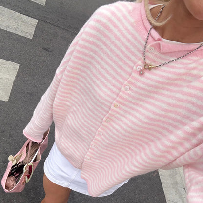 Casual Loose Cardigan for Women Autumn Long Sleeve Knitwear Y2K Outerwears Women'S Fashion Stripes Sweater Female Top