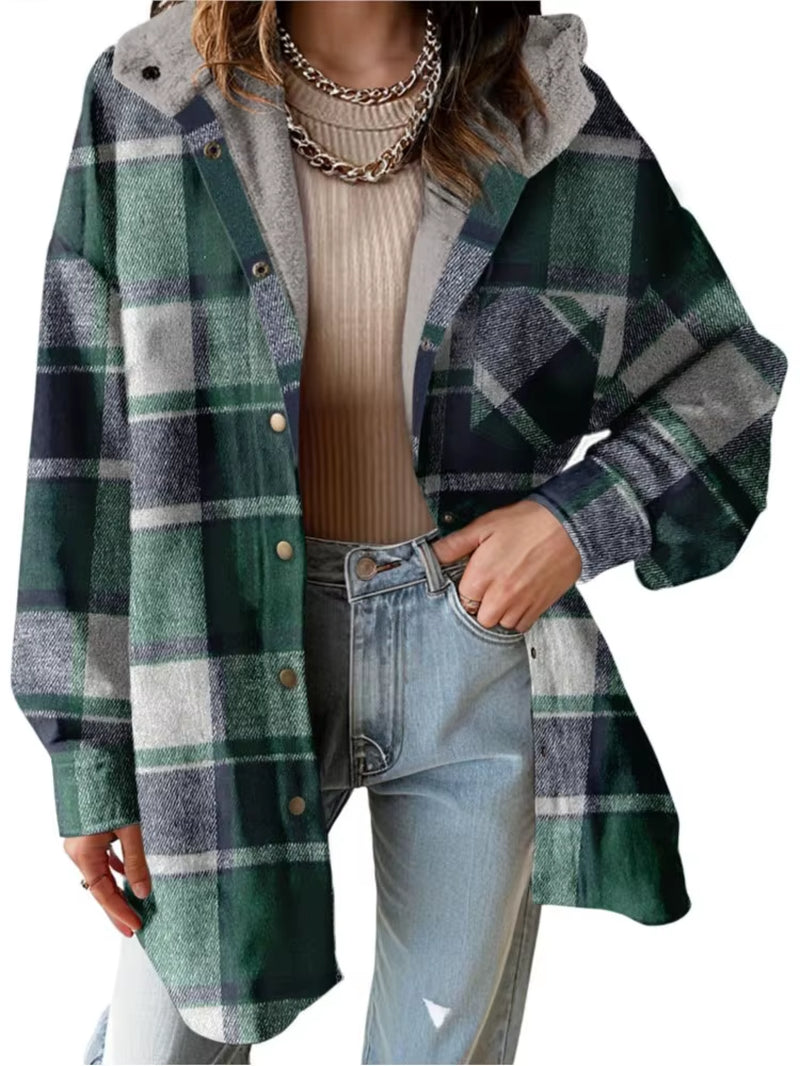 New Checkered Pocket Button Women'S Jacket Coats Autumn Winter Casual Long Sleeved Lapel Comfortable Warm Thicken Coat Woman