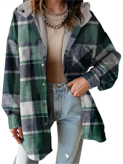 New Checkered Pocket Button Women'S Jacket Coats Autumn Winter Casual Long Sleeved Lapel Comfortable Warm Thicken Coat Woman