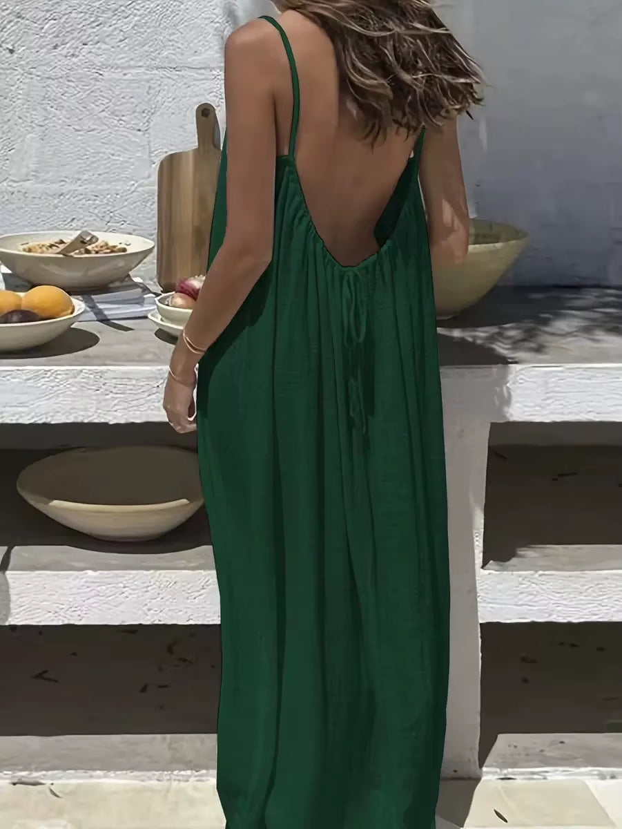 2026 New European & American Cross‑Border Women’S Wear, Solid Color Loose Casual Versatile Slip Backless Maxi Dress