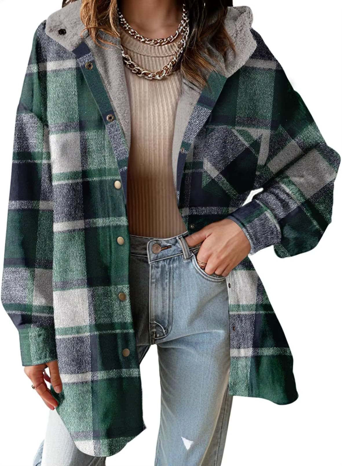 New Checkered Pocket Button Women'S Jacket Coats Autumn Winter Casual Long Sleeved Lapel Comfortable Warm Thicken Coat Woman