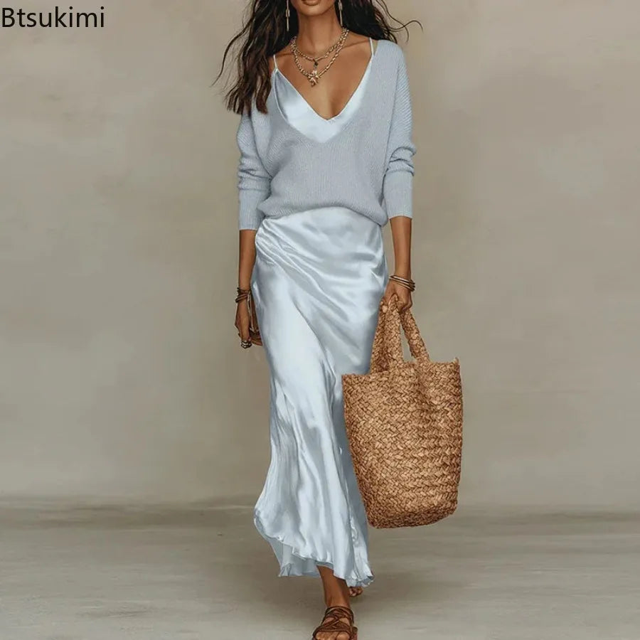 New Elegant V Neck Slim Office 2-Piece Sets Spring Summer Fashion Long Sleeve Knitted Tops Sleeveless Satin Long Dresses Outfits
