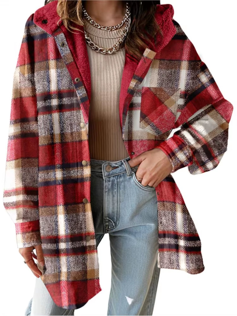 New Checkered Pocket Button Women'S Jacket Coats Autumn Winter Casual Long Sleeved Lapel Comfortable Warm Thicken Coat Woman