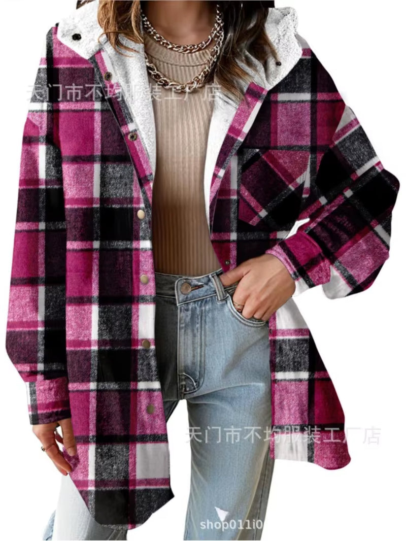 New Checkered Pocket Button Women'S Jacket Coats Autumn Winter Casual Long Sleeved Lapel Comfortable Warm Thicken Coat Woman