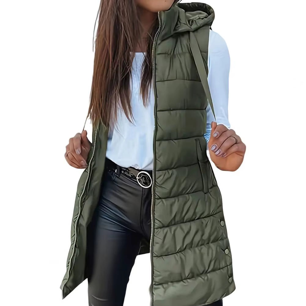 Women Long Puffer Vest Ployester Fabric Zip up Quilted Padded Vest Hooded Mid-Length Cotton Coat Vest Winter Warm Outerwear Coat