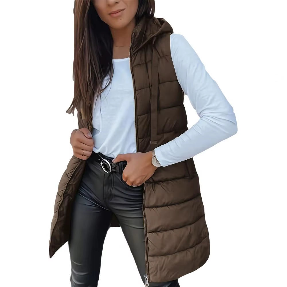 Women Long Puffer Vest Ployester Fabric Zip up Quilted Padded Vest Hooded Mid-Length Cotton Coat Vest Winter Warm Outerwear Coat