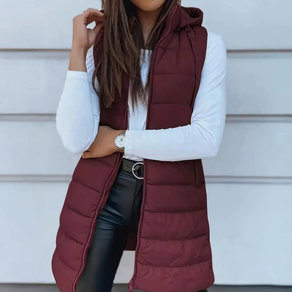 Women Long Puffer Vest Ployester Fabric Zip up Quilted Padded Vest Hooded Mid-Length Cotton Coat Vest Winter Warm Outerwear Coat