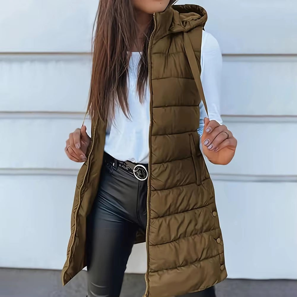 Women Long Puffer Vest Ployester Fabric Zip up Quilted Padded Vest Hooded Mid-Length Cotton Coat Vest Winter Warm Outerwear Coat