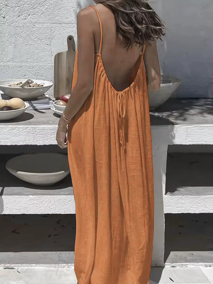 2026 New European & American Cross‑Border Women’S Wear, Solid Color Loose Casual Versatile Slip Backless Maxi Dress