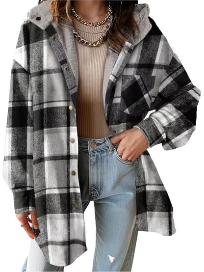New Checkered Pocket Button Women'S Jacket Coats Autumn Winter Casual Long Sleeved Lapel Comfortable Warm Thicken Coat Woman