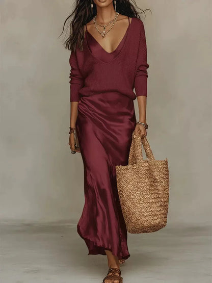 New Elegant V Neck Slim Office 2-Piece Sets Spring Summer Fashion Long Sleeve Knitted Tops Sleeveless Satin Long Dresses Outfits