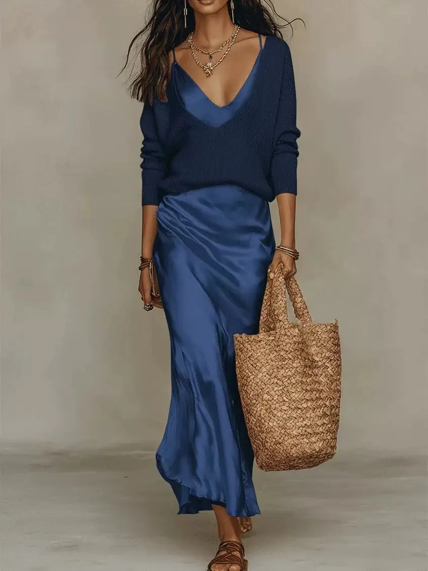 New Elegant V Neck Slim Office 2-Piece Sets Spring Summer Fashion Long Sleeve Knitted Tops Sleeveless Satin Long Dresses Outfits
