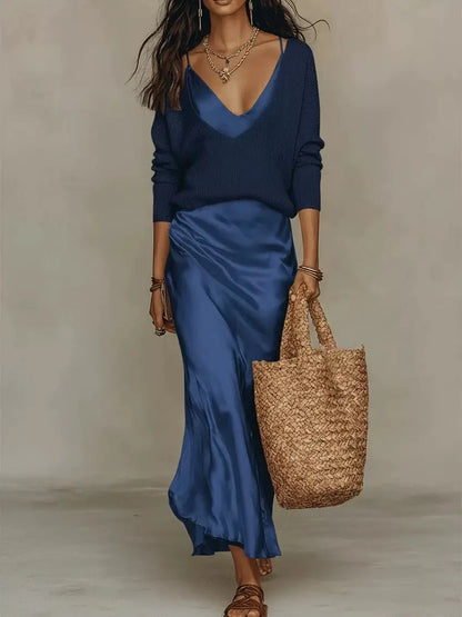 New Elegant V Neck Slim Office 2-Piece Sets Spring Summer Fashion Long Sleeve Knitted Tops Sleeveless Satin Long Dresses Outfits