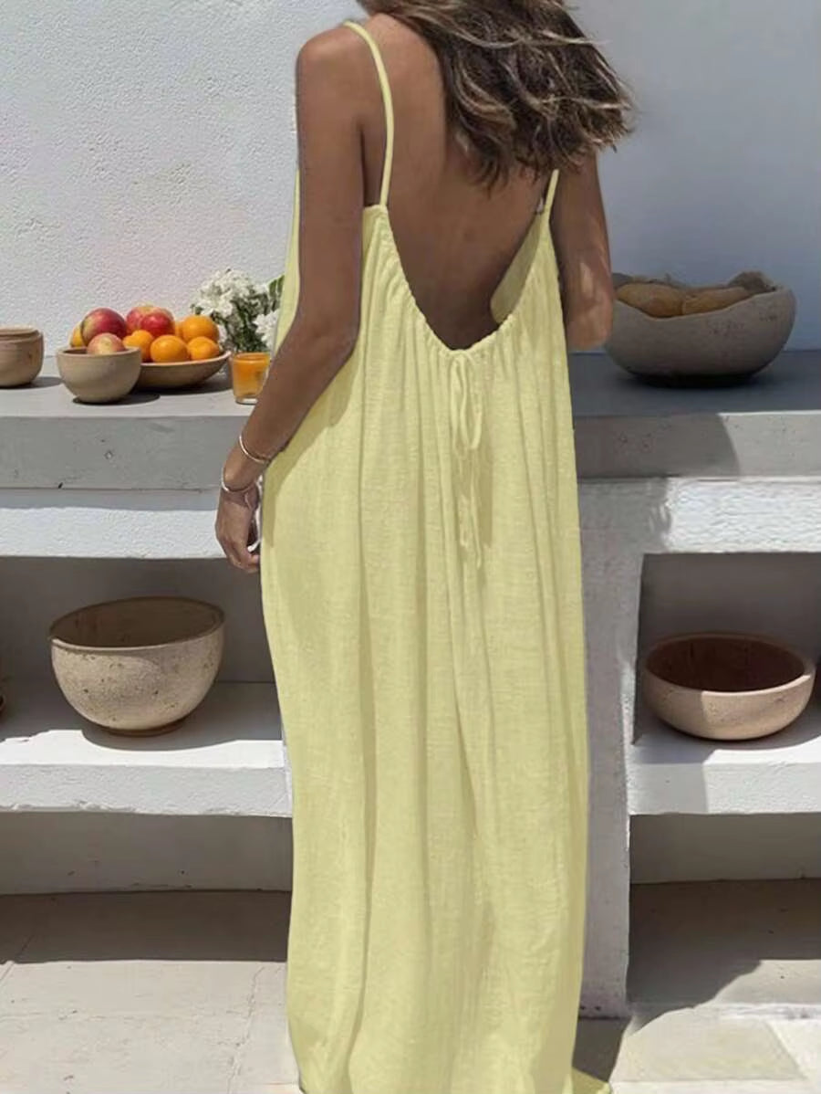 2026 New European & American Cross‑Border Women’S Wear, Solid Color Loose Casual Versatile Slip Backless Maxi Dress