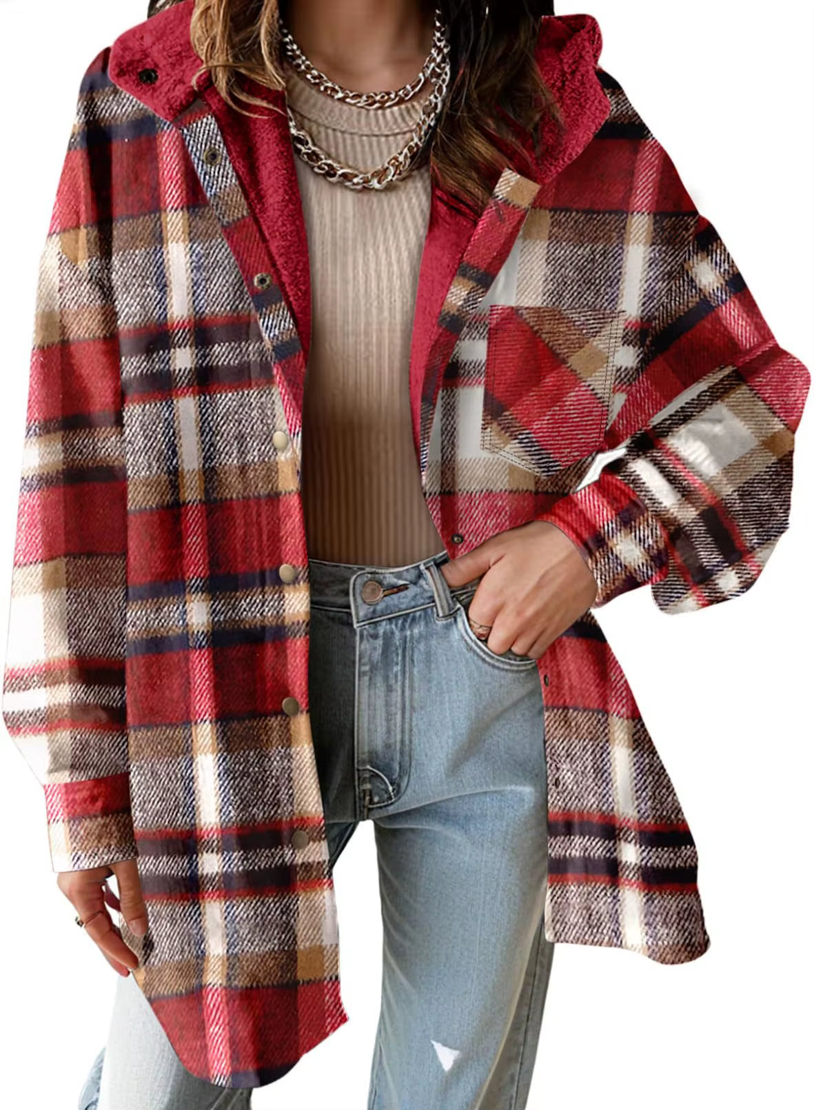 New Checkered Pocket Button Women'S Jacket Coats Autumn Winter Casual Long Sleeved Lapel Comfortable Warm Thicken Coat Woman