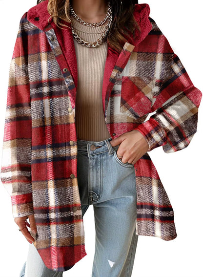 New Checkered Pocket Button Women'S Jacket Coats Autumn Winter Casual Long Sleeved Lapel Comfortable Warm Thicken Coat Woman