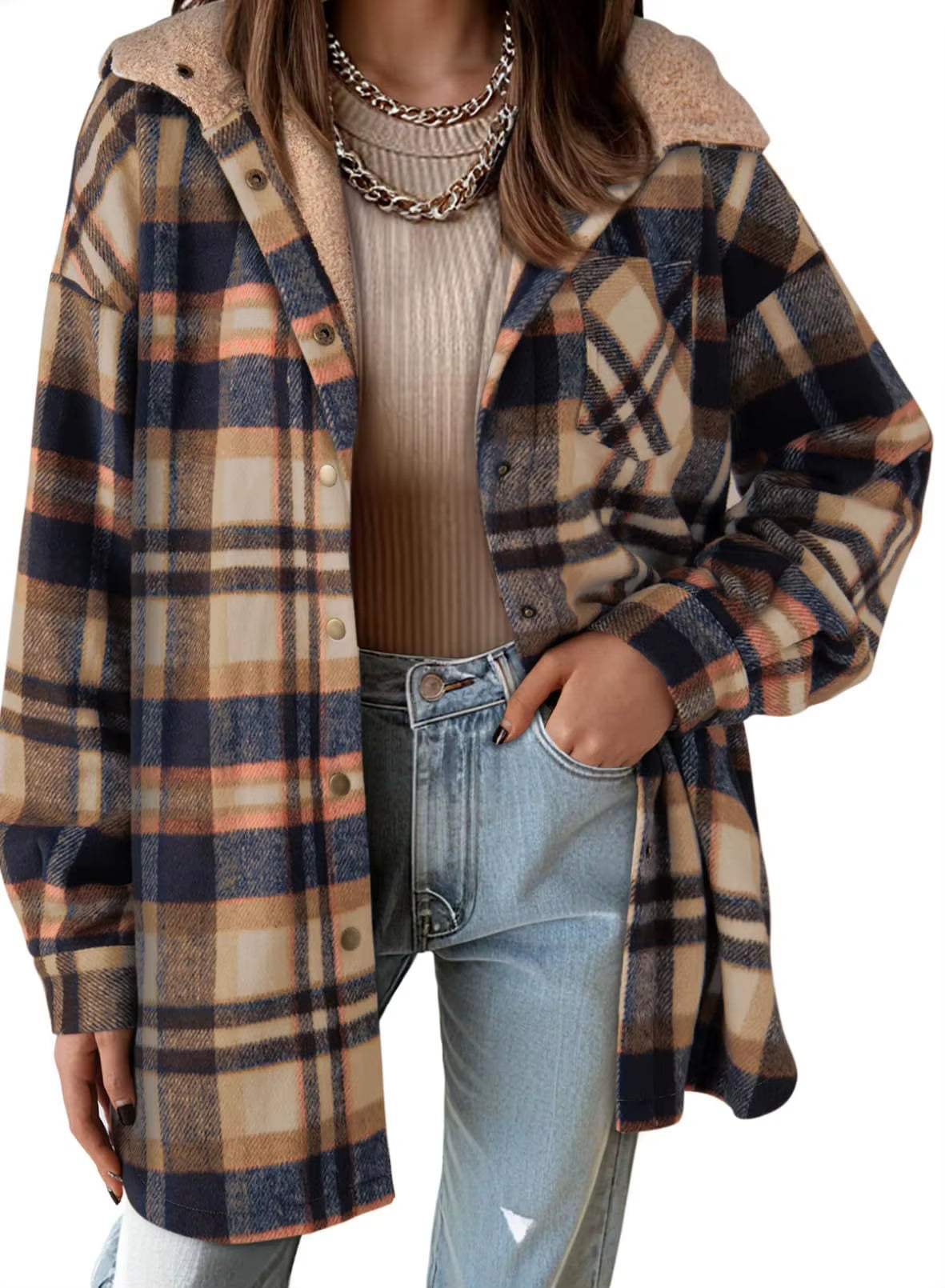 New Checkered Pocket Button Women'S Jacket Coats Autumn Winter Casual Long Sleeved Lapel Comfortable Warm Thicken Coat Woman