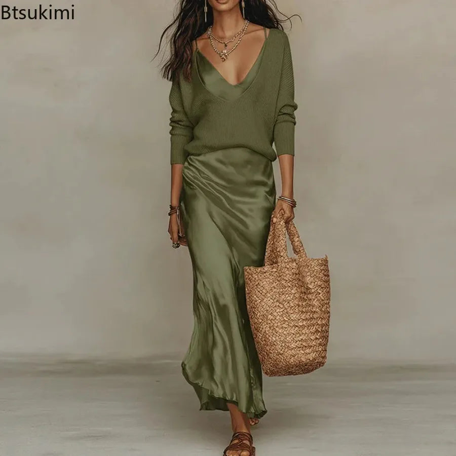 New Elegant V Neck Slim Office 2-Piece Sets Spring Summer Fashion Long Sleeve Knitted Tops Sleeveless Satin Long Dresses Outfits