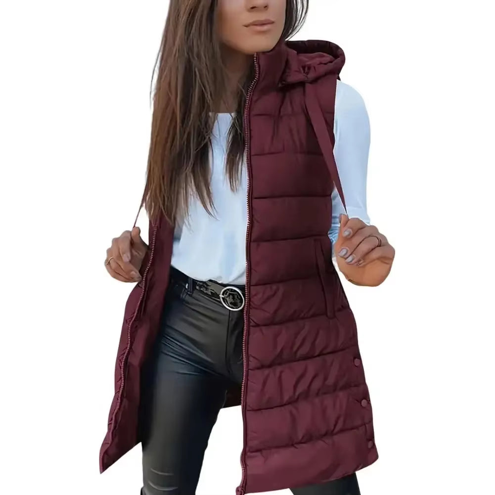 Women Long Puffer Vest Ployester Fabric Zip up Quilted Padded Vest Hooded Mid-Length Cotton Coat Vest Winter Warm Outerwear Coat