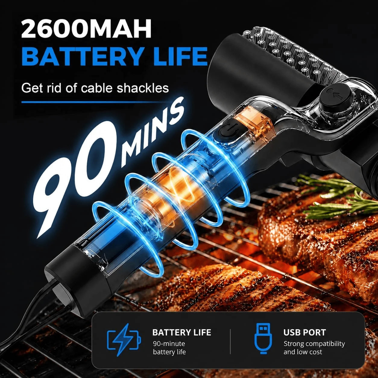 Electric Grill Brush 2 in 1 Cordless Rechargeable Grill Cleaning Brush Stainless Steel Brush Head 3-Speed Power for BBQ Grates