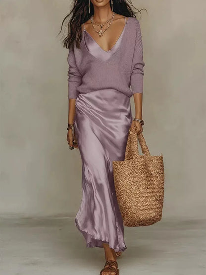 New Elegant V Neck Slim Office 2-Piece Sets Spring Summer Fashion Long Sleeve Knitted Tops Sleeveless Satin Long Dresses Outfits