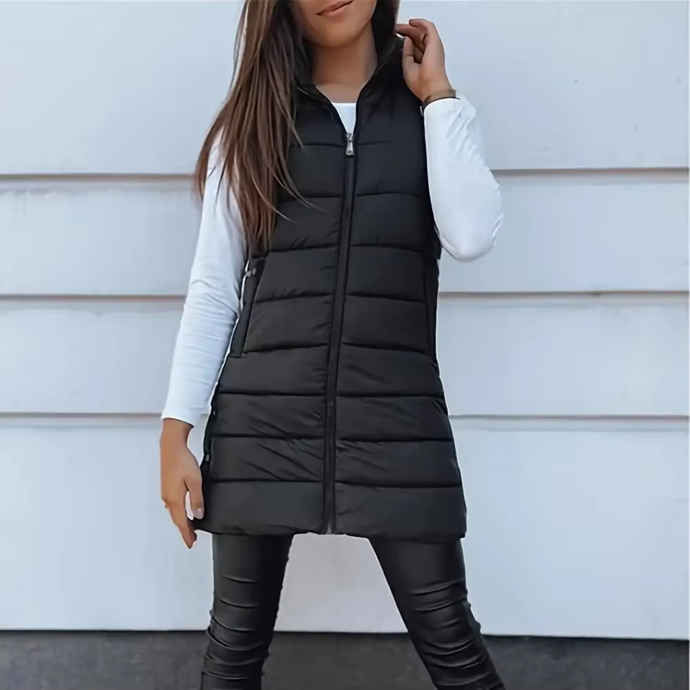Women Long Puffer Vest Ployester Fabric Zip up Quilted Padded Vest Hooded Mid-Length Cotton Coat Vest Winter Warm Outerwear Coat
