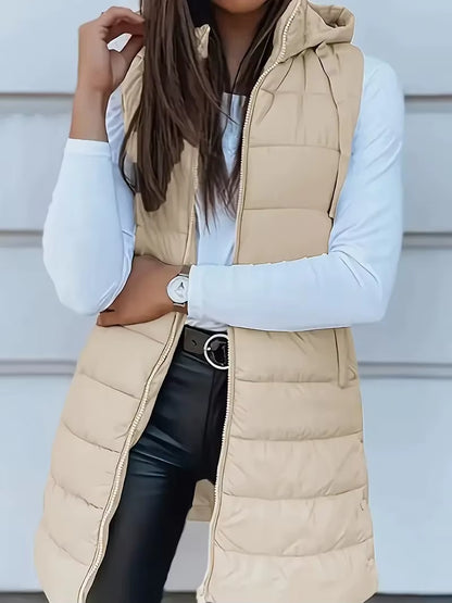Women Long Puffer Vest Ployester Fabric Zip up Quilted Padded Vest Hooded Mid-Length Cotton Coat Vest Winter Warm Outerwear Coat