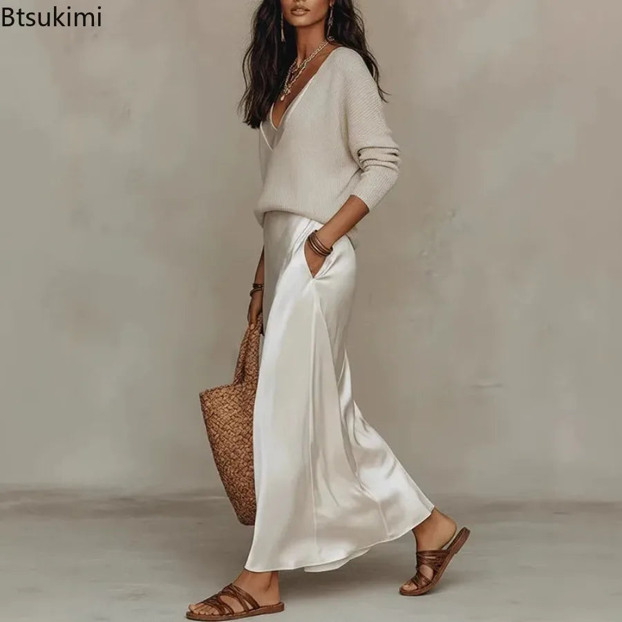 New Elegant V Neck Slim Office 2-Piece Sets Spring Summer Fashion Long Sleeve Knitted Tops Sleeveless Satin Long Dresses Outfits