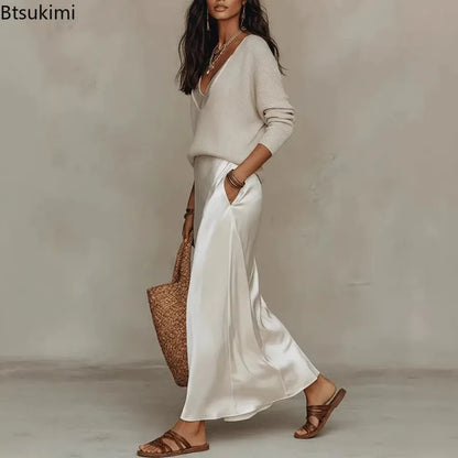 New Elegant V Neck Slim Office 2-Piece Sets Spring Summer Fashion Long Sleeve Knitted Tops Sleeveless Satin Long Dresses Outfits